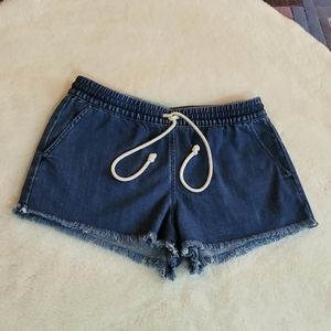 Aerie Blue Jean Denim Elastic Waist Drawstring Casual Summer Short Shorts